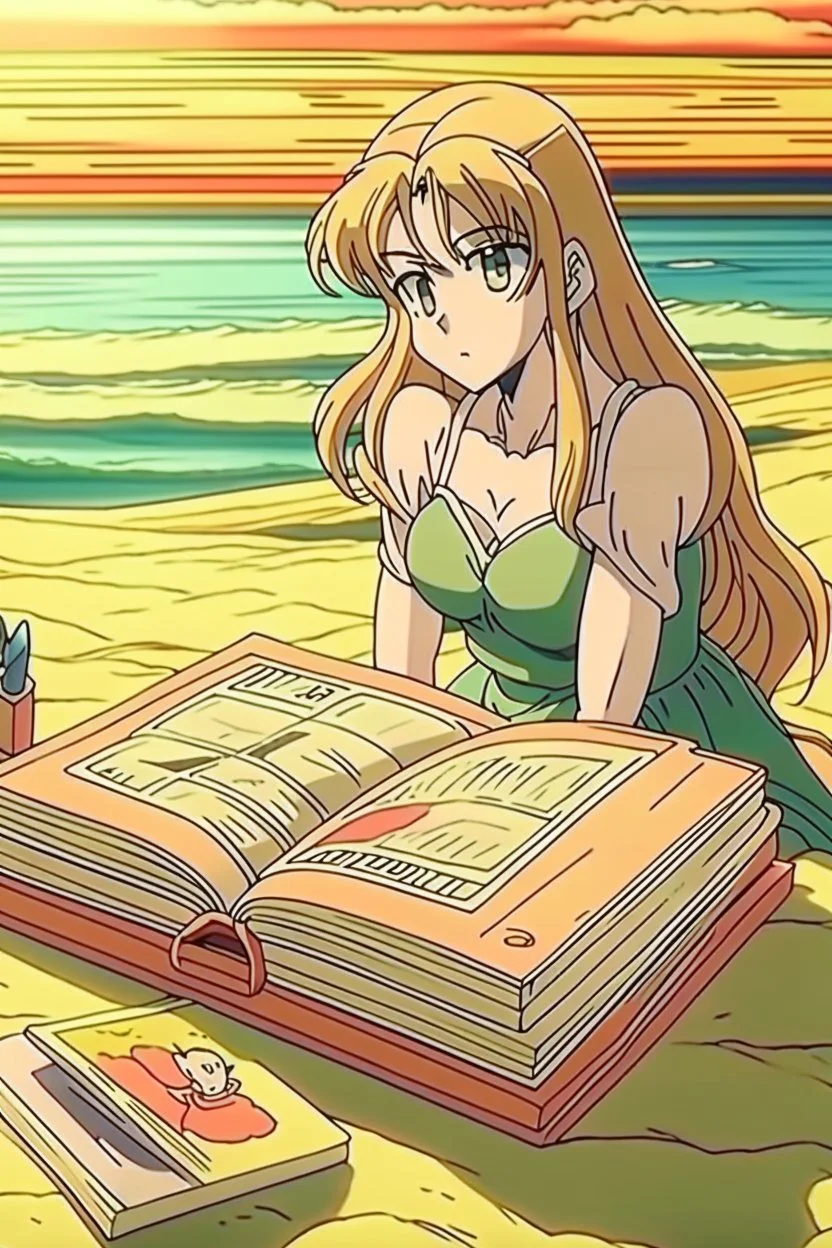 drawn in 90s anime style, retro anime style, 1 singular Book lying with a cover on table the cover depicting a woman on the beach, medieval grimoire, no people, no cluter