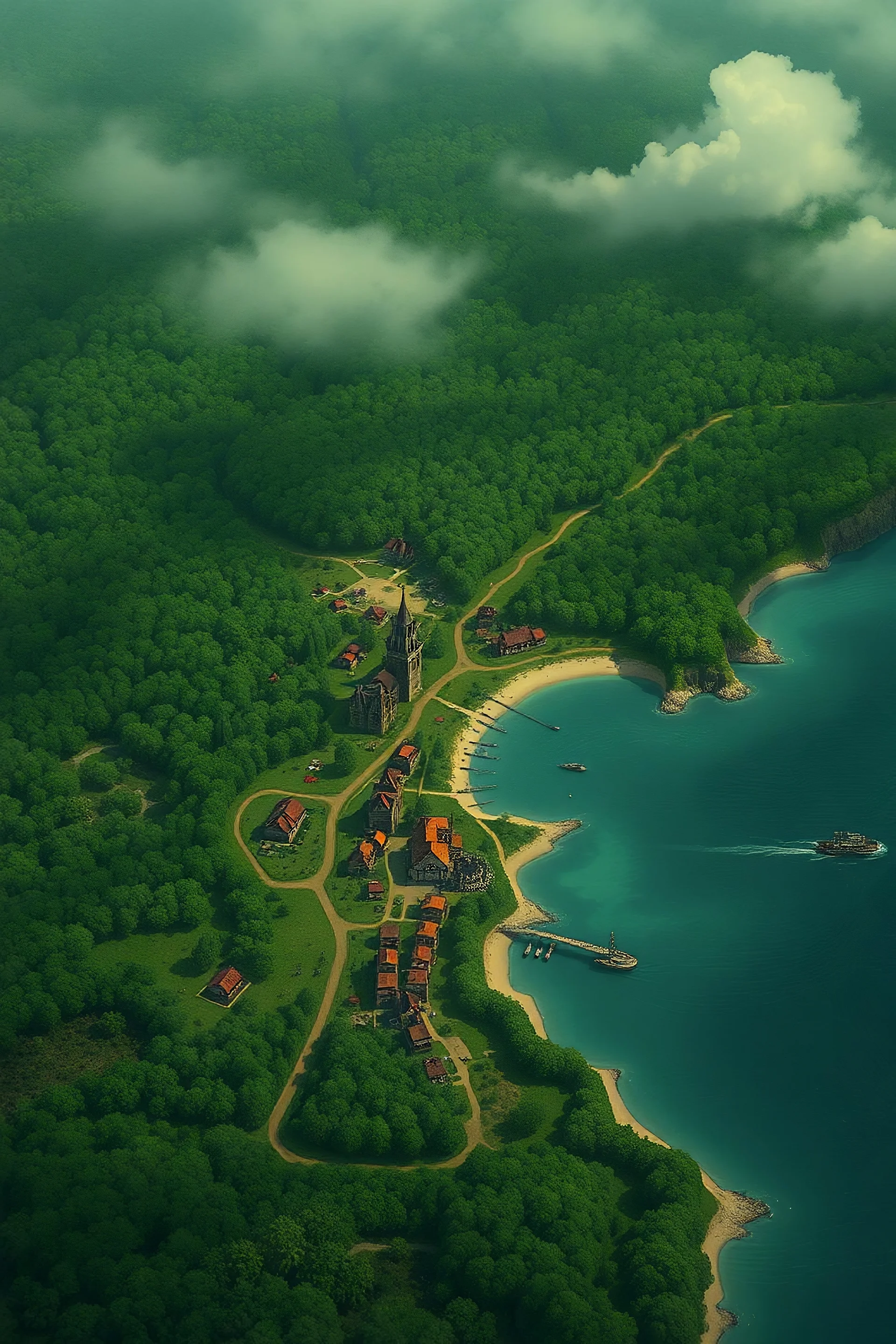 dnd. Map of a country with a coastal city, The entire country is filled with dense forest and far away from the coastal city there are a couple of villages