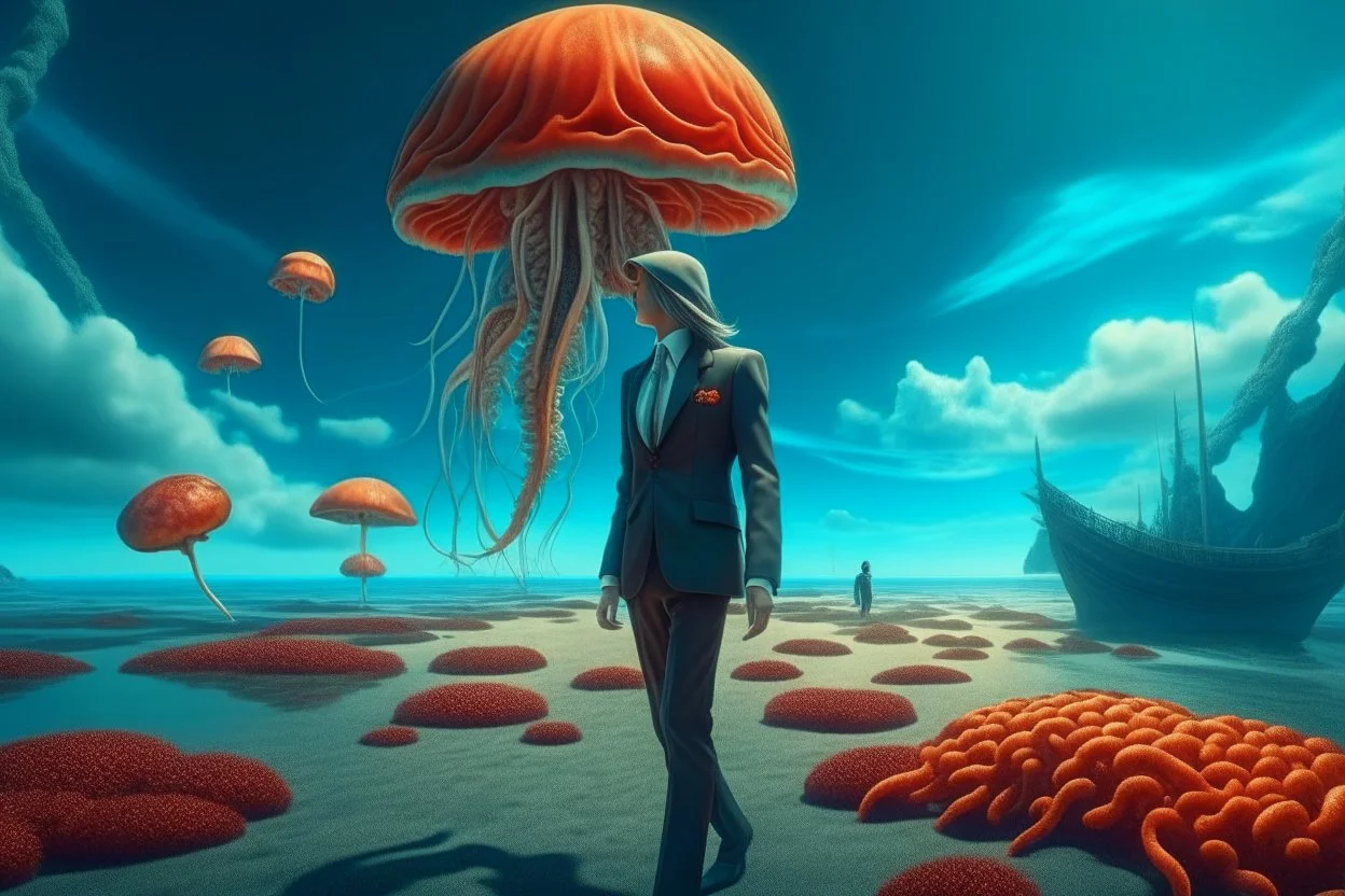 woman in a form-fitting suit, standing on a beach of an alien world, watching mushrooms with jellyfish tentacles in the sky, photorealistic, Detailed Matte Painting, Deep Colour, Fantastical, Intricate Detail, sunshine