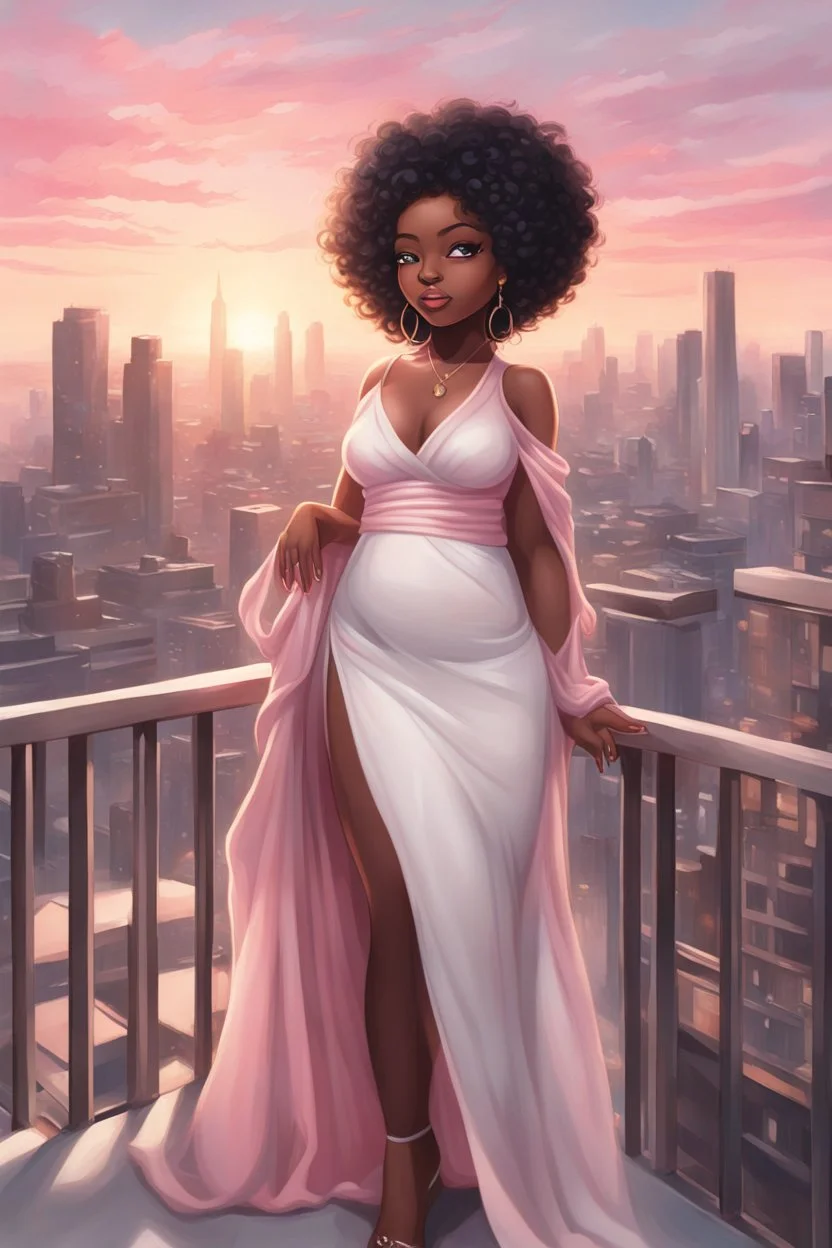 The scene opens onto a serene balcony overlooking a bustling city skyline. The sky above is painted in soft hues of pink and gray as the sun begins its descent, casting a warm glow over everything it touches. In the foreground stands a captivating figure, airbrush chibi cartoon curvy black woman exuding confidence and elegance. She is adorned in a flowing white knit maxi dress that hugs her curves in all the right places, accentuating her silhouette. Her choice of footwear is equally stunning