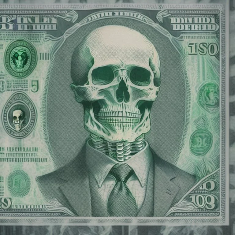 a head and shoulders portrait of a skeleton dressed in a three-piece suit as the president of the united states, based on us currency, united states one dollar bill, shades of green, real-life, colors match the united states one dollar bill, realistic, robotic, black and white