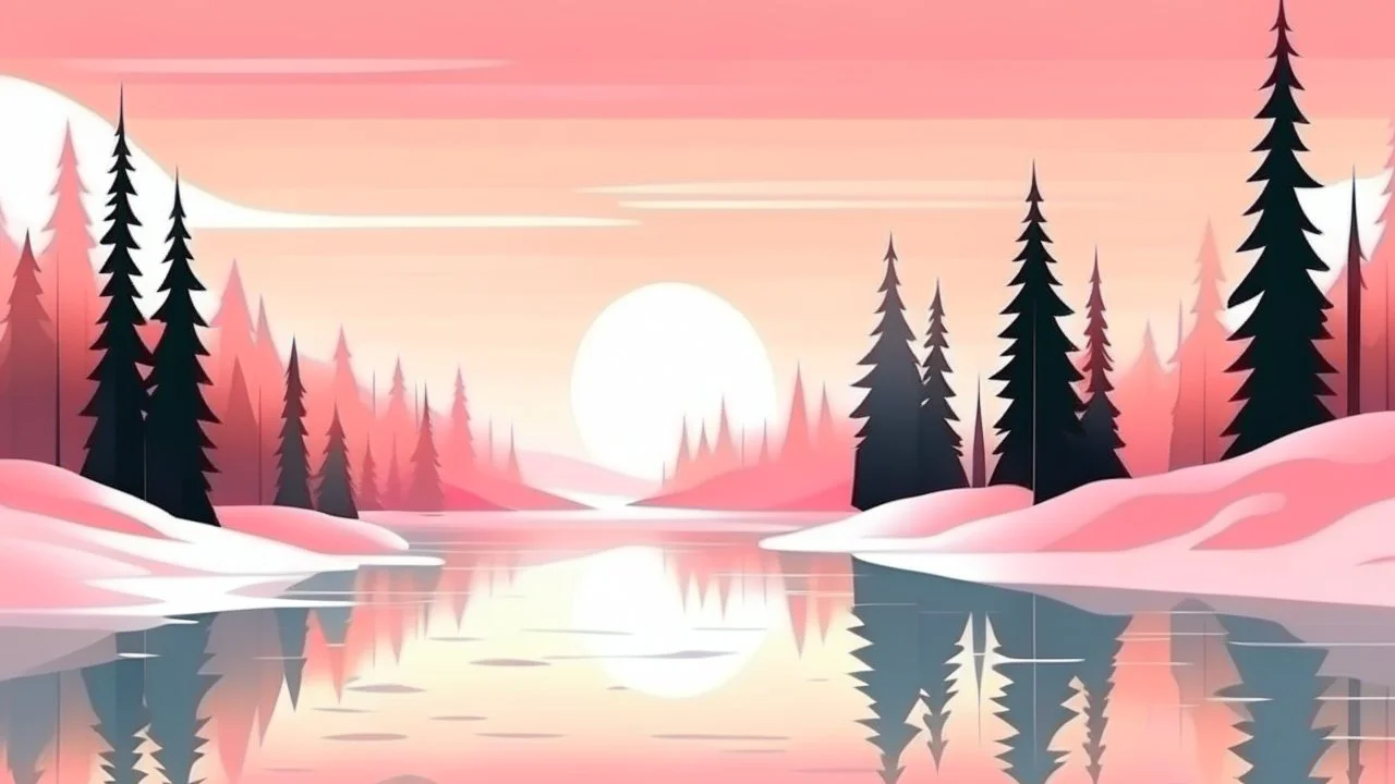 cartoon illustration: ice frozen lake with pines and pink sky