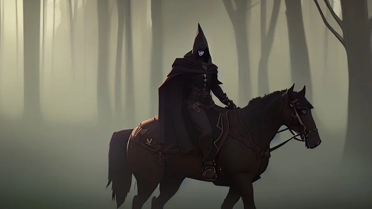 Dark robed wizard on a horse in the forest