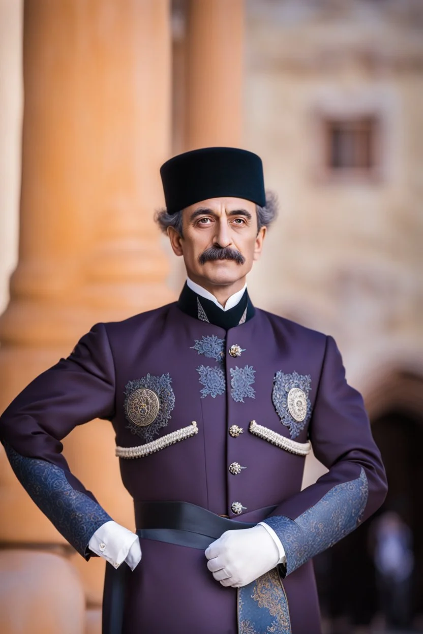 Einstein i n Azerbeyjan traditional costum color full ,upper body ,blury background ,closeup ,sharp focus