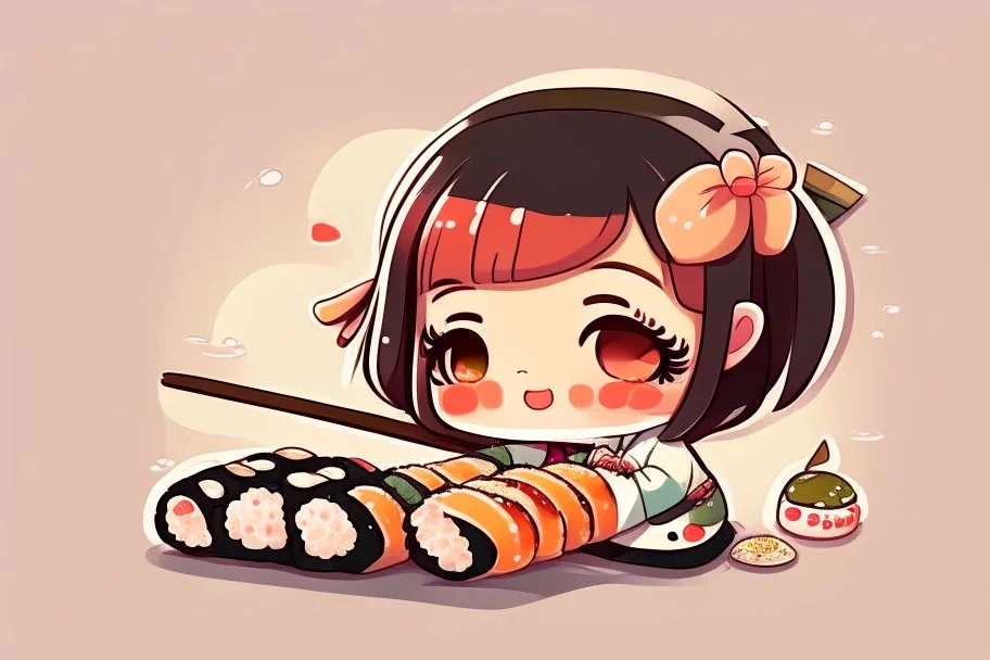 contented cute chibi girl making sushi