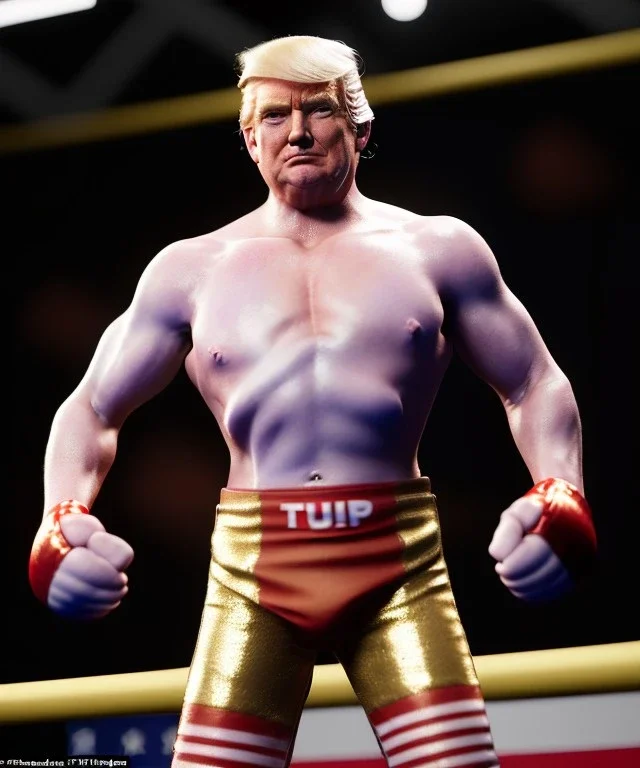 Donald trump fighter wrestling, naked torso, color breeches, suspenders, retro style, 80s, hot ambient, photo studio, red, gold, vibrant color, gradient, highly detailed, art stations, concept art, smooth, unreal engine 5, god rays, ray tracing, RTX, lumen lighting, ultra detail, volumetric lighting, 3d, finely drawn, high definition, high resolution.