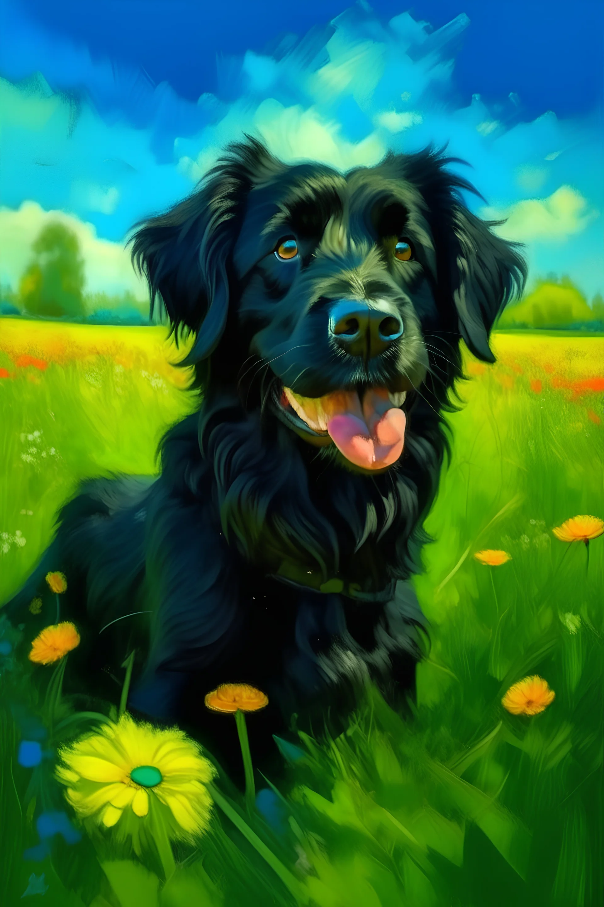 crea una imagen tipo retrato con un perro negro de buen pelaje, alegre, en un campo verde con flores, con un cielo azul con pocas nubes, con una atmosfera alegre, con saturación suave, colores cálidos, al estilo van gogh