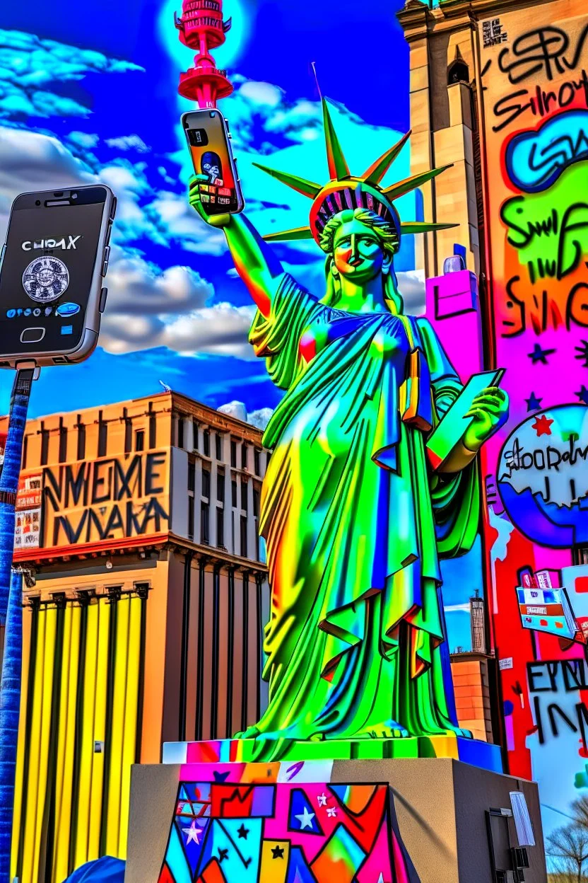 up-close digital image of the statue of liberty, covered in graffiti , holding a cellphone and taking a selfie while smiling,a Louis Vuitton bag over shoulder, standing alone In a deserted desert