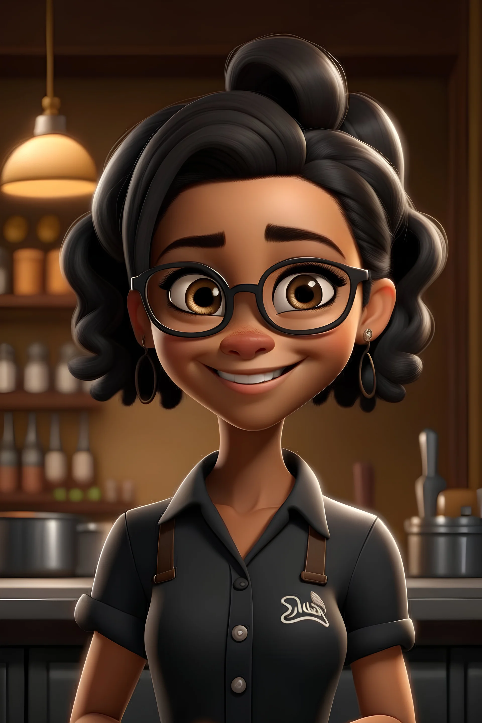 disney pixar poster that say BIYA, a pretty girl with glasses and wolfcut hair who work as a barista. she has sparkling eyes and has a sweet smile. she is wearing a black shirt and a black long pants