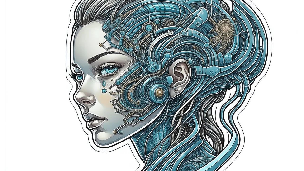 a sticker with a drawing of a woman's face, cyberpunk art, inspired by Marco Mazzoni, Artstation, fantasy art, fractal veins. cyborg, in the style dan mumford artwork, girl with plaits, beautiful detailed body and face