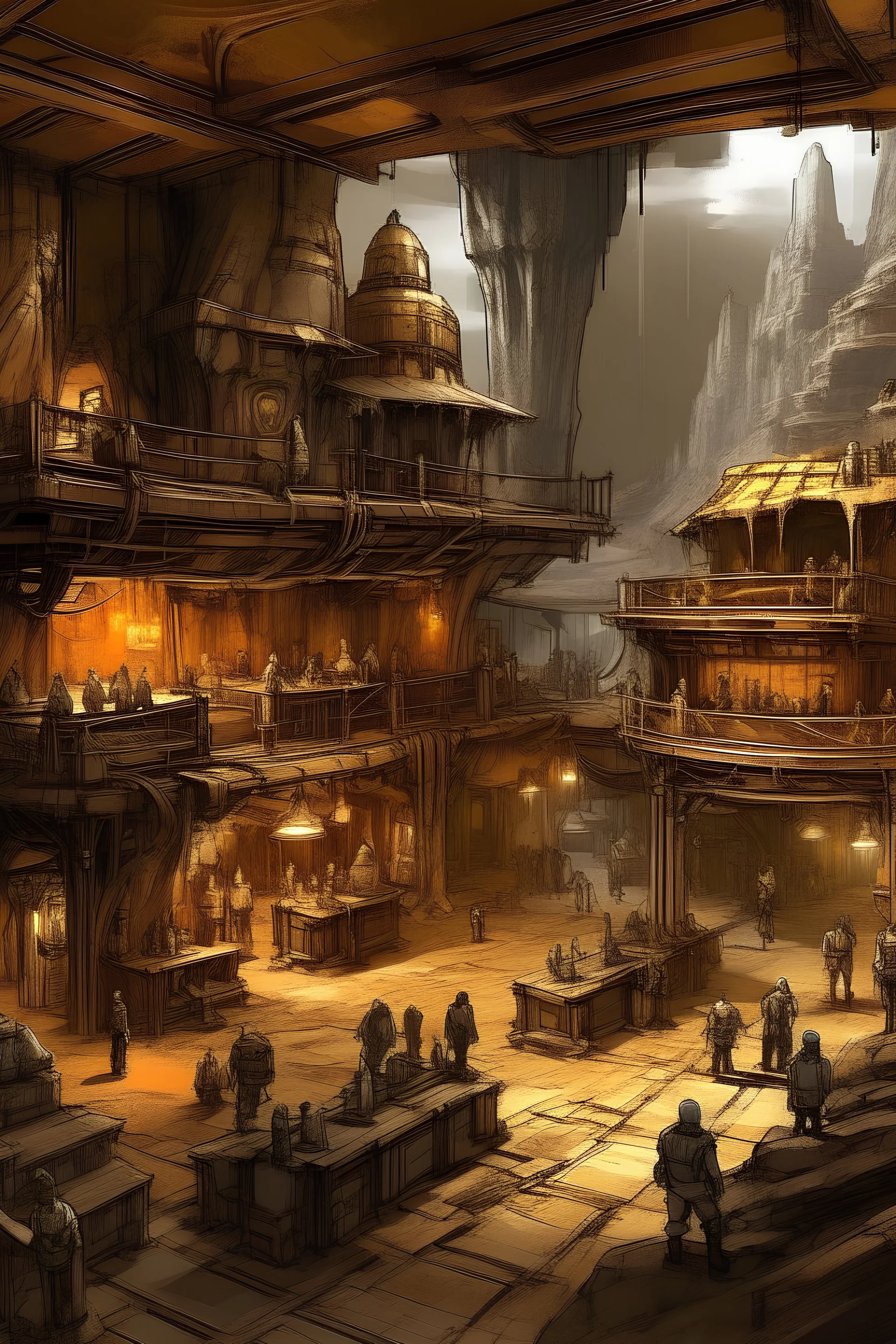 Underground Space Western Town, Wild West, Sci fi, In cave system, Tin, Sandstone, Gold, Old and Rusted, Hyperdetailed, Maximalist, Bustling, Browns greys and oranges. Full of people.