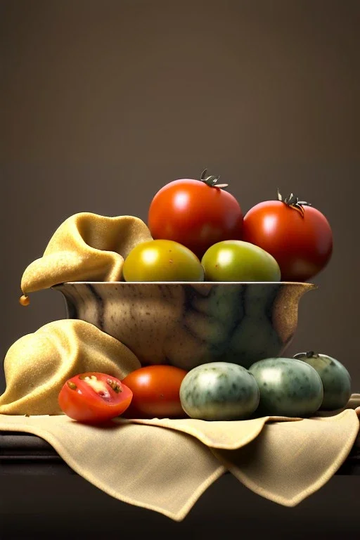 renaissance style still life composite, Raviolis with natural tomato, albahaca, olives, olive oil. moisture, art, natural, ornaments, marble, gold, high kitchen, smooth, gradient color background, unreal engine 5, ray tracing, RTX, lumen lighting, ultra detail, volumetric lighting, 3d.