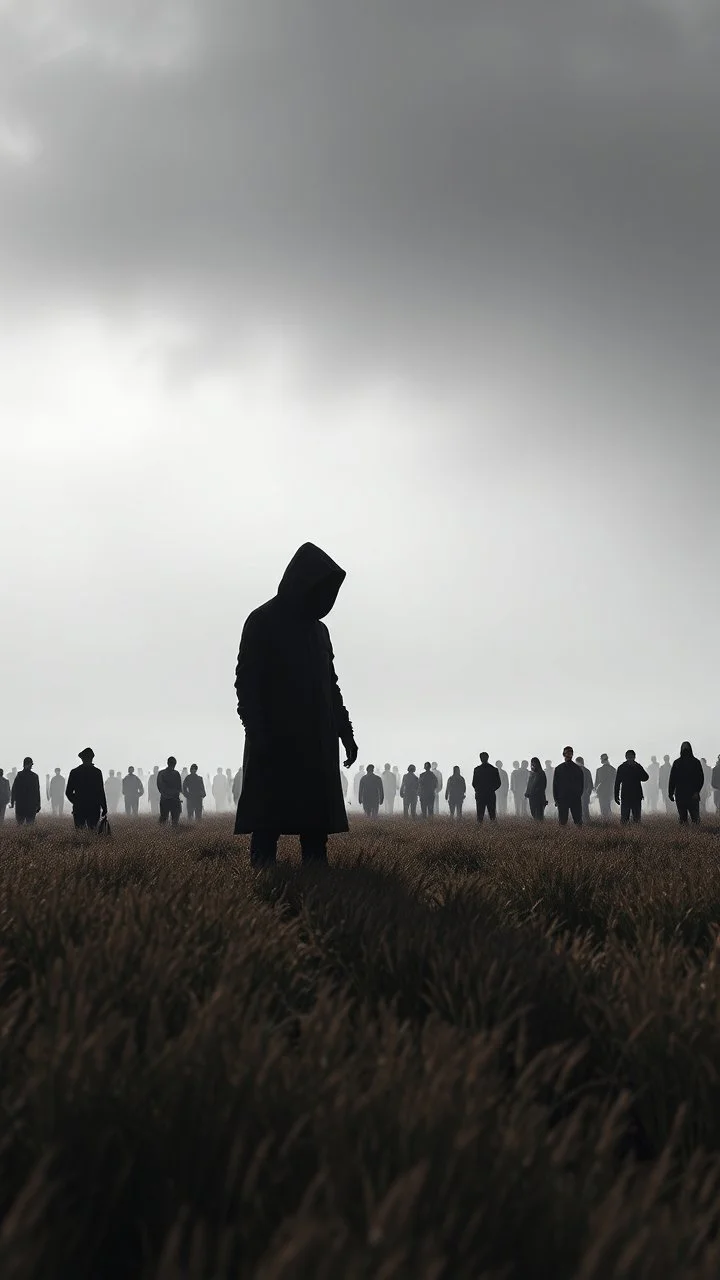 A field of random people at the end of the picture gray background an giant dark shadow of hooded human figure standing in a cinematic, 8k