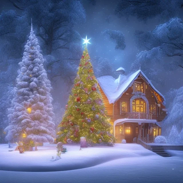 foto realistic winter house with a illuminated christmas tree and presents in the night