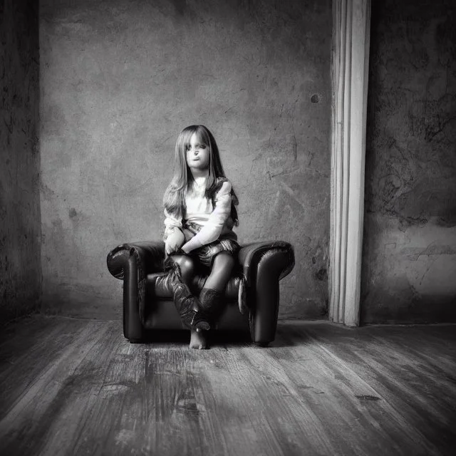 photography national geographic style girl sits on leather armchair.