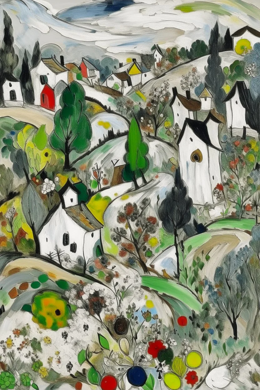 A white gusty village with windmills and gardens painted by Jackson Pollock