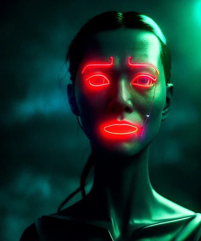 Ultra realistic photographic night portrait, cinematic, <Asian woman> many wires coming out of the head <perfect pupil><glow eye> <cyborg arm> <garage> <wide angle> <retro futuristic> <thriller>, neon lights, color fog, soft color, highly detailed, unreal engine 5, ray tracing, RTX, lumen lighting, ultra detail, volumetric lighting, high definition.