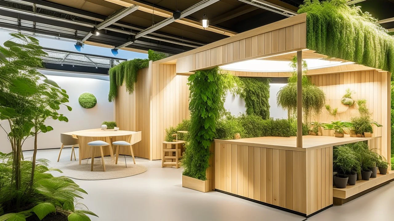 Corner exhibition stand in light colors with wood elements and greenery with two meeting areas