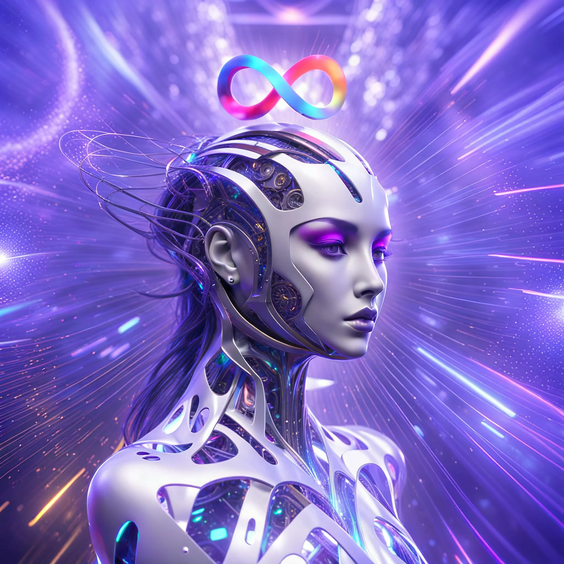 ∞ 3D infinity symbol, perfect infinity ∞, bright colors, +infinity totally-symmetrical ∞, head and upper body, cutting edge technology, exotic, inspiring, fantasy, scientific, DSLR with a 80mm lens, set to f/16 and a slow shutter speed of 1/15s, friendly, beautiful, octane render, 8k post-production, artstation: award-winning: atmospheric: commanding: fantastical: clarity: 16k: ultra quality: striking: brilliance: liquid medium: stunning colors: amazing depth; lens: f/8, 24mm