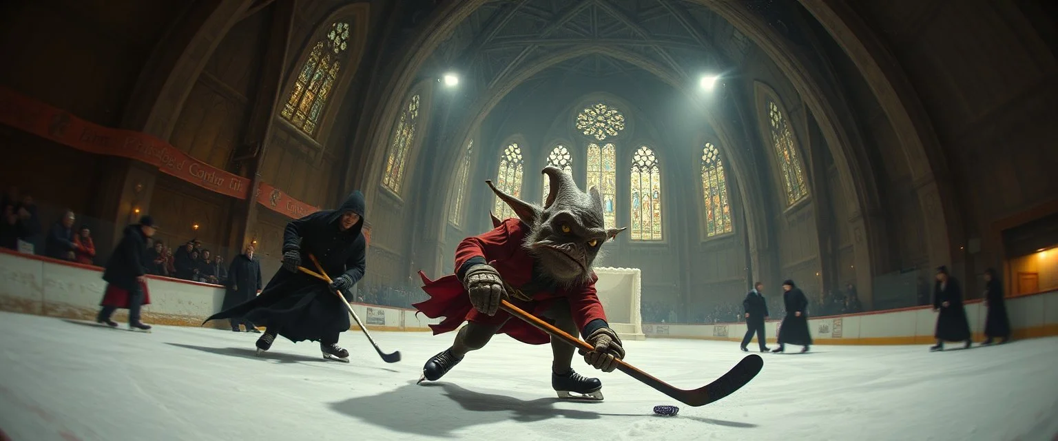 pin hole cam, master oil painting by Rembrandt, d&d vampire witch gremlin illithid and lich playing hockey in ice skating hall or church