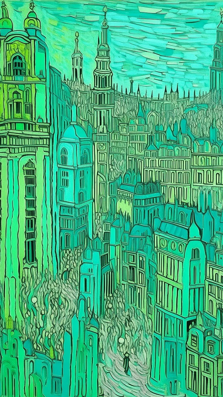 A mint colored noisy metropolis painted by Vincent van Gogh