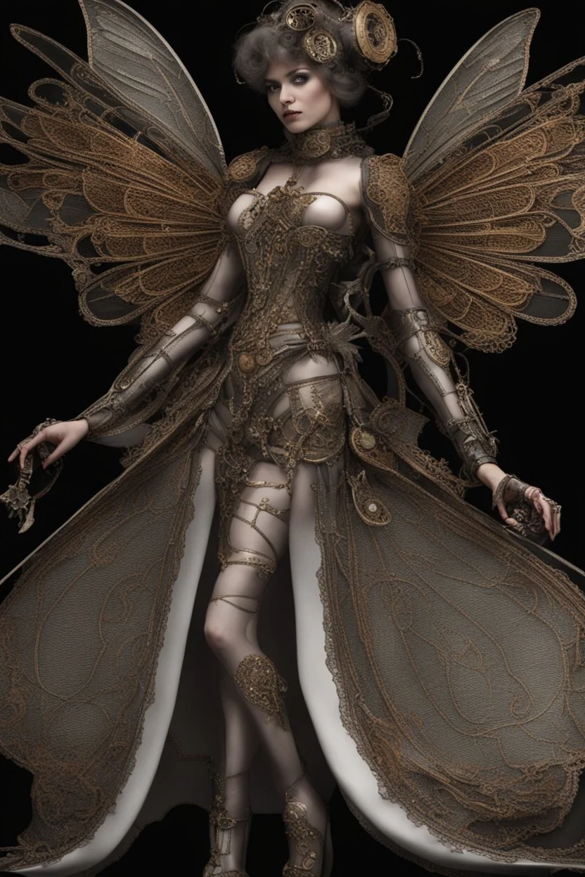 full length, steampunk delicate metal woman, moth, wings, black background