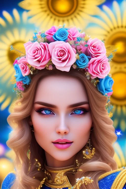 Beautyful smiling young woman, long hair amazing blue eyes, flowers, happy cosmic, bright colors, blue, pink, gold, jewels, realistic, photo real, clear sunny background, highly detailed, high contrast, 8k high definition, unreal engine 5, extremely sharp detail, light effect, sunny light backgroundgold, jewels, realistic, photo real, clear sunny background, highly detailed, high contrast, 8k h,crown