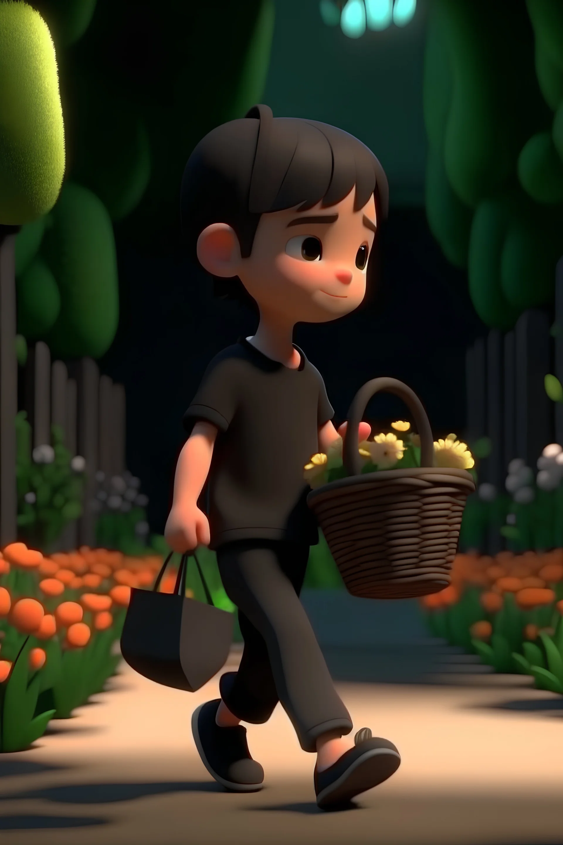 Seorang anak kecil berbaju hitam membawa sekeranjang bunga berjalan di taman 3D animation