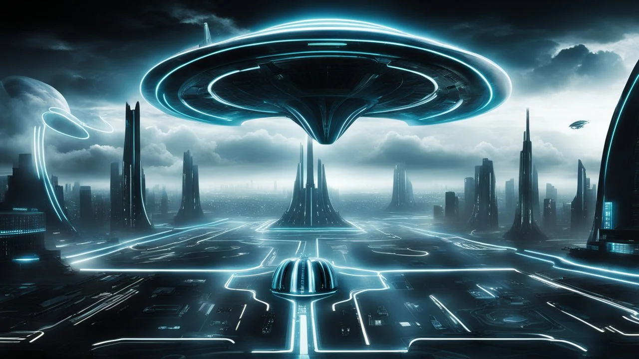 tron legacy movie, programs, space ships, city of the future, clouds, creatures