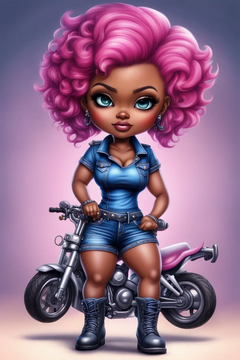 create an airbrush illustration of a chibi cartoon voluptuous black female wearing a blue jean outfit with biker boots. Prominent make up with hazel eyes. Extremely highly detail of a very low pink pixie haircut. Background of a bike show.