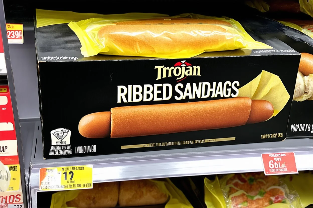 satirical product advertisement, Trojan brand black and gold sandwich bag box on display on a grocery store shelf, "RIBBED SANDWICH BAGS", picture on box is a long tubular hot dog bun poking out of an opaque yellow crenelated plastic bag, photorealistic, HD, natural lighting, Trojan brand logo