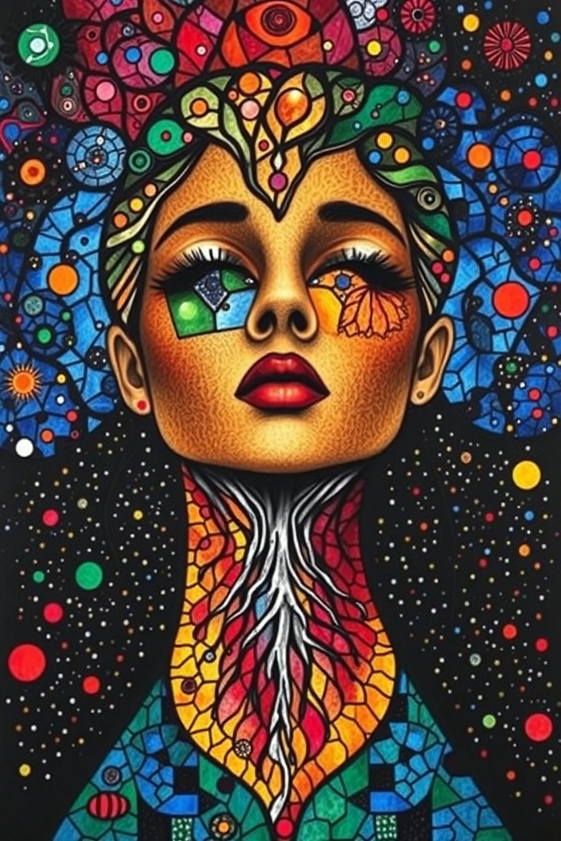 painting of a woman's face with abstract fractal mondrian's characteristic triple windows and nature jungle pattern, long neck sinting kusama starry vibrant, hand-drawn, optical illusion. Hair with root mechanical Stained glass Intricate design of intersecting lines forming a repeating diamond grid lot of graffiti on it, inspired by Sandra Chevrier, abstract portrait, expressive beautiful painting, abstract fantastic face, inspired by Nick Gentry, woman portrait made out of paint, stunning,
