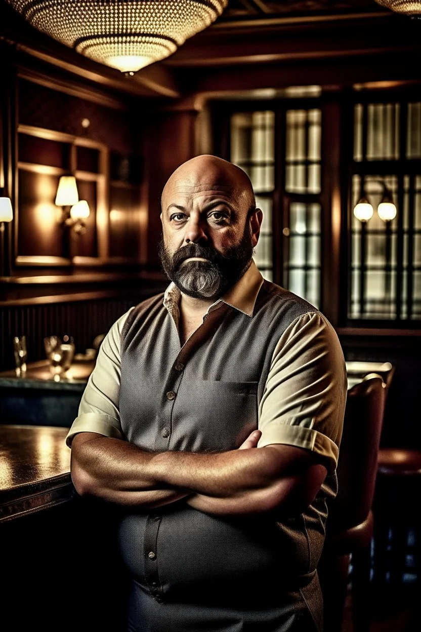 half figure shot photography of a 42 years old serious sicilian waiter in uniform, similar to Bud Spencer, shaved hair, muscular bearded chubby man with hands in the pockets, in an elegant empty restaurant, bulge, bullneck, manly chest, unshaved, short hair, photorealistic, dim light , side light, view from the ground