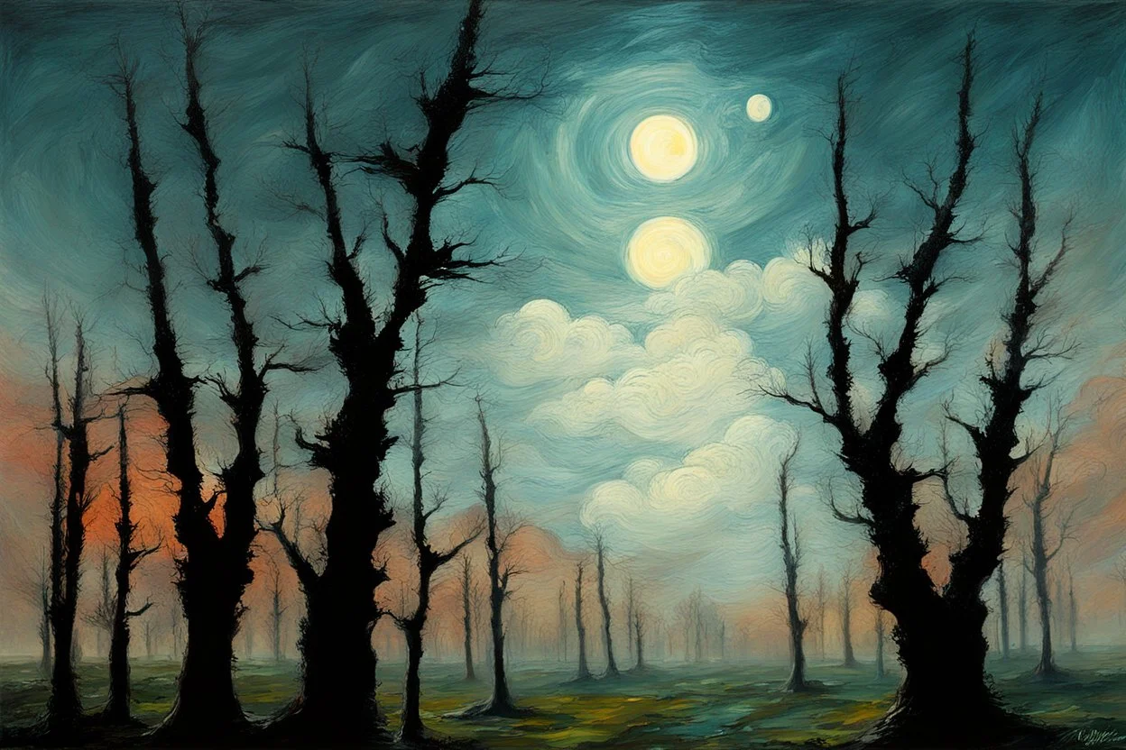 Trees, night, clouds, 2000's scifi movies influence, rodolphe wytsman impressionism painting