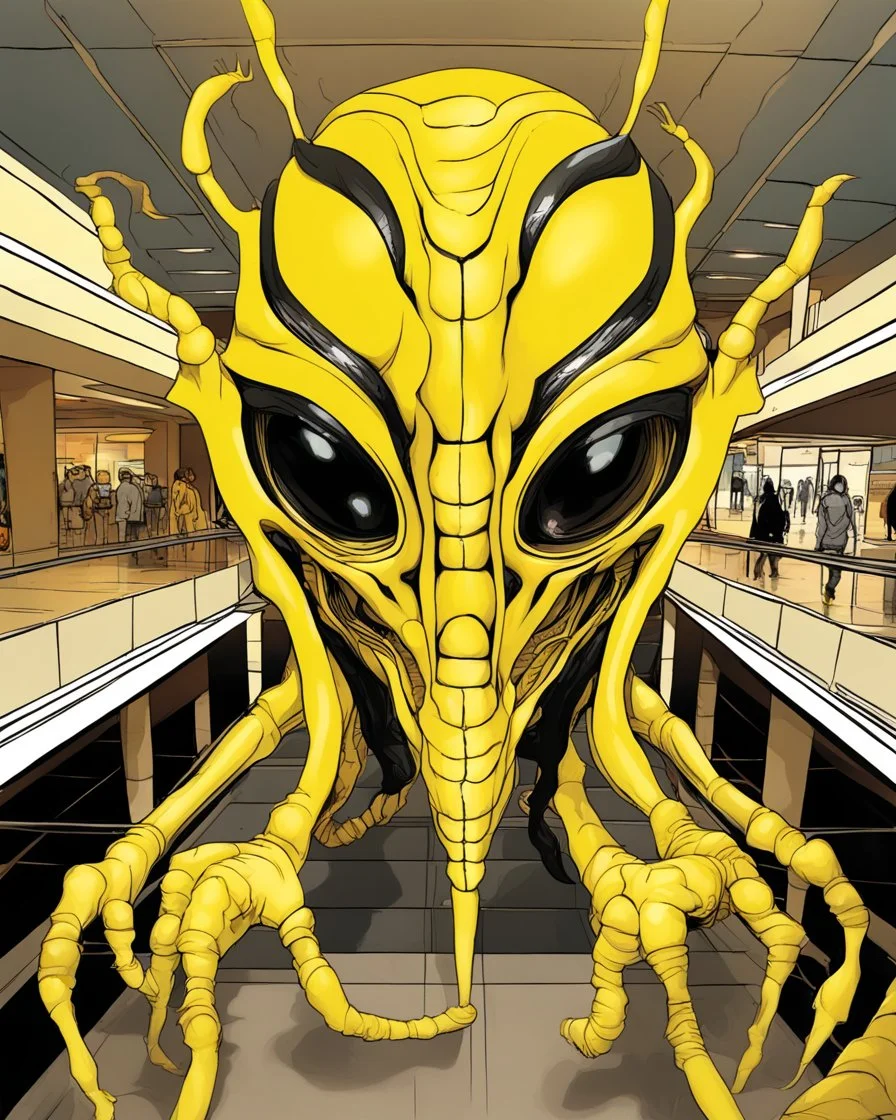 Distorted large yellow insectoid alien black eyes, in a mall, sci-fi art, graphic design, digital illustrated scene, alien art, high strangeness, absurdist, cartoonists