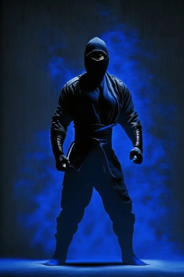 Background is dark blue, almost black. There is a head and torso silhouette looming in the picture, completely masked by a black kevlar suit. martial art pose