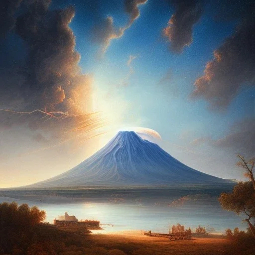 Naples landscape with a east asian cherry tree in front of a volcano, stars colliding in the background