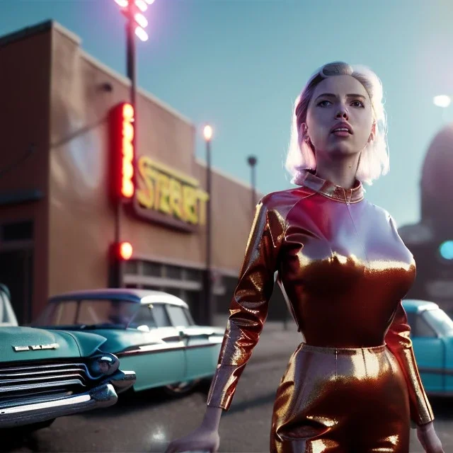 Ultra Realistic retro sci-fi movie explosion Supermarket parking scene, 1960 year, waist up view portrait, blonde woman, sweet scarlet Johansson face, perfect iris, glow eyes, face makeup, tight latex coat. many people looking, Retro sci-fi style, soft color, highly detailed, unreal engine 5, ray tracing, RTX, lumen lighting, ultra detail, volumetric lighting, 3d, finely drawn, high definition, high resolution.