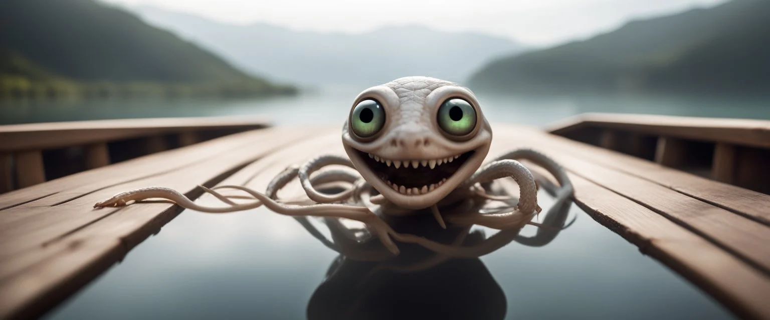 close up on huge dented glowing ghost transparent ant skeleton rat baby snakes wriggling into horizon smiling in fast boat with googly eyes, raised by ninja necromancer in the wild, on wooden bridge by lake in surreal reflecting stone chrome landscape, background motion blur, volume light fog, rays, 4d maze