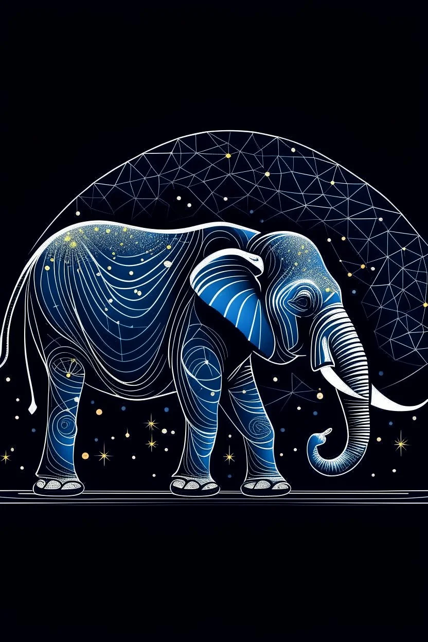 A sleek, silver African Elephant with a single, neon fin, cruising through a starry night sky. Style: Art Deco, Mood: Mysterious and Glamorous, Lighting: Deep blue with neon highlights, T-shirt design graphic, vector, contour, white background.