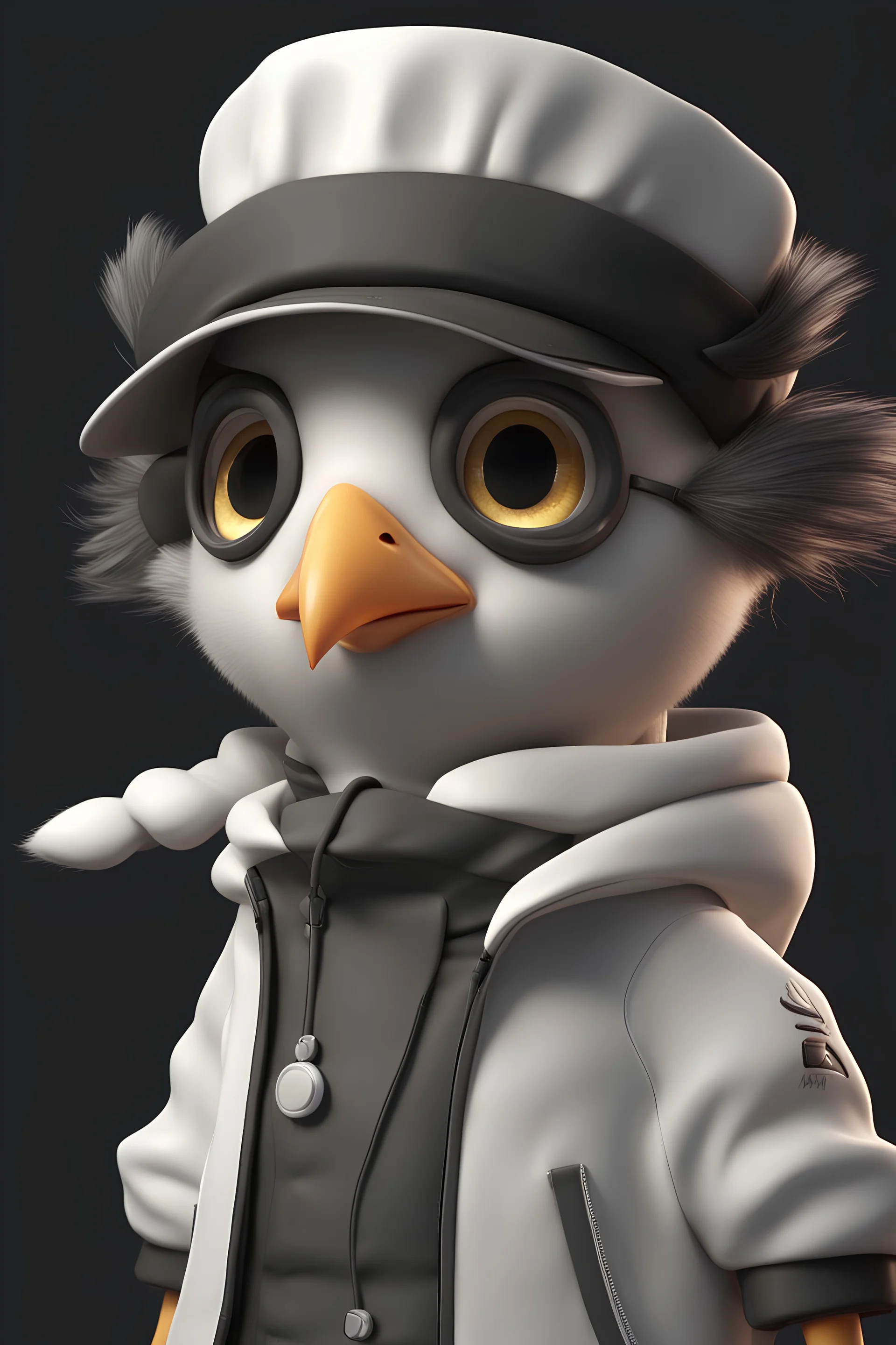 cartoon cute bird with white and sneakers, Cyberpunk realism style, front view, wearing a chef costume, zbrush, Arys Chien and light black, lit children, 32k uhd, street fashion, round,8k,HD