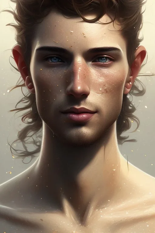 male, cute, brown hair, brown eyes, freckles,, head and shoulders portrait, 8k resolution concept art portrait by Greg Rutkowski, Artgerm, WLOP, Alphonse Mucha dynamic lighting hyperdetailed intricately detailed Splash art trending on Artstation triadic colors