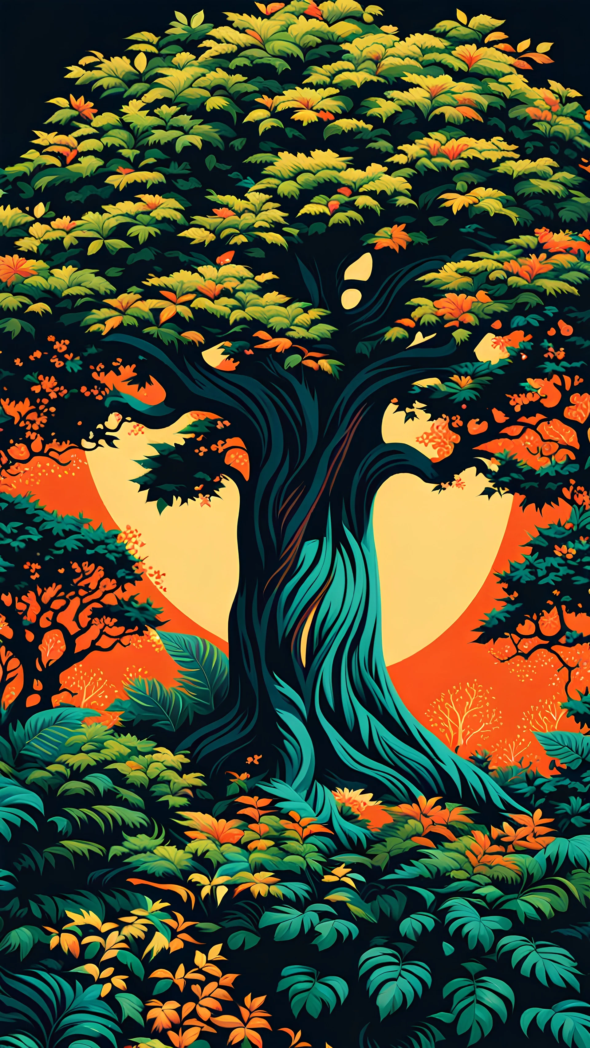 Árbol frondoso, alto, arte retro, calidad ultra hiperdetallado, colores contrastantes, maximalista, 64k