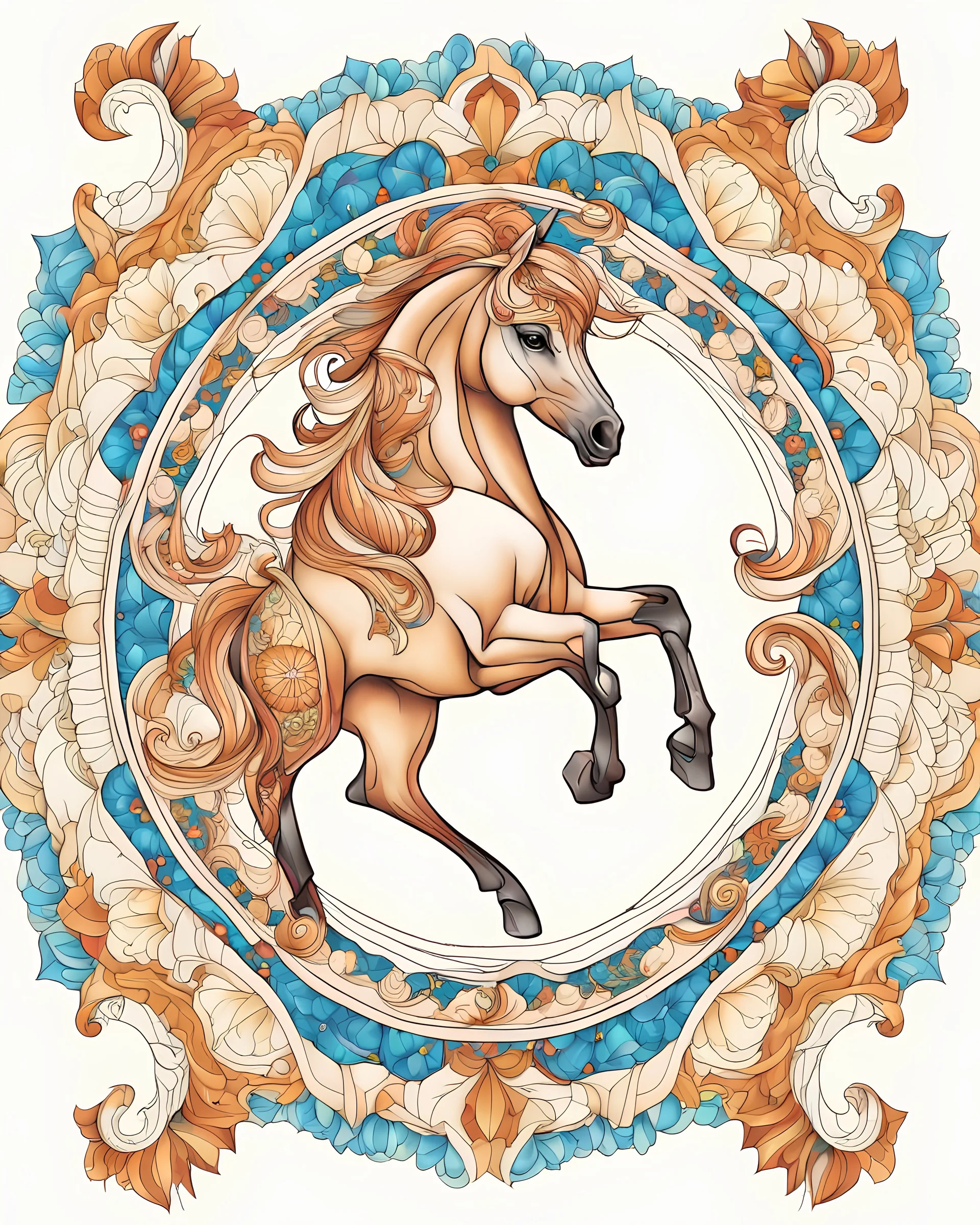 Detailed kaleidoscope in horse, coloring book, white background, sketch style, use outline only, mandala style, clean line art, white background.