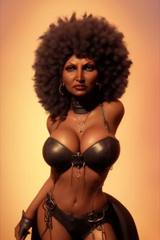 Pam Grier as evil queen in black leather, leather, busty, cleavage, angry, stern look. character design by cory loftis, fenghua zhong, ryohei hase, ismail inceoglu and ruan jia. unreal engine 5, artistic lighting, highly detailed, photorealistic, fantasy