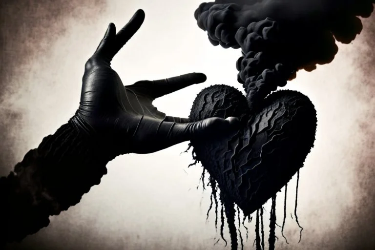 A black hand made out of black smoke violently crushing a human heart