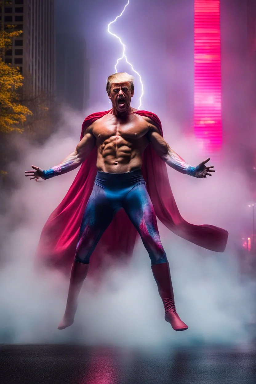 Extremely Muscular, Donald Trump as 'Maga Man,' Extremely Muscular, overly exaggerated muscles, Skintight, formfitting bodysuit, cape, boots, Multicolored vortex, multicolored lightning, neon lit futuristic cityscape, mist, fog, speed, extremely overexaggerated musculature, "MAGA MAN"