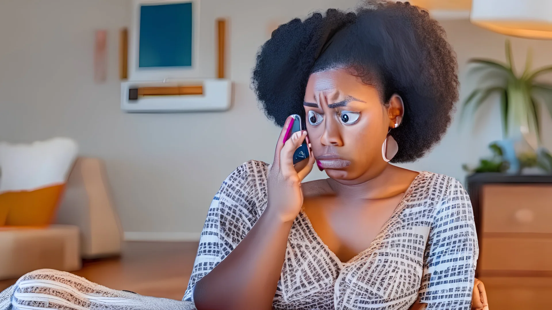 baffled black lady alone at home holding cellphone