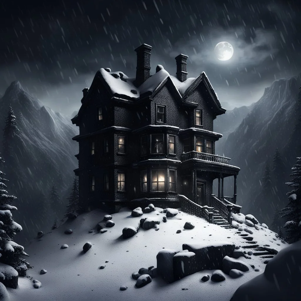 Hyper Realistic black abandoned dark haunted house on the top of a mountain at heavy snowfall night