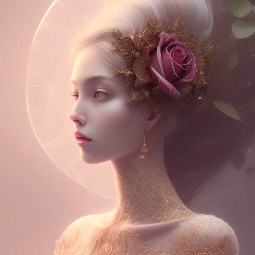 red rose beautiful girl,utra realistic,highly detailed, gold, pink, jewels, lace, masterpiece, delicate detailed, sharp focus, insanely detailed, fantasy art, intricate detailed, elegant, fog, Special Lighting, Vibrant, color Scheme, forest, unreal engine 5, trending on artstation